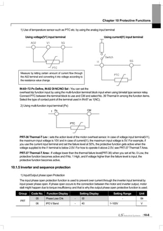 Chapter 10 Protective Functions
10-6
1) Use of temperature sensor such as PTC etc. by using the analog input terminal
Using voltage(V1) input terminal Using current(I1) input terminal
IN-65~72 Px Define, IN-82 DI NC/NO Sel : You can set the
overheat trip function input by using the multi-function terminal block input when using bimetal type sensor relay.
Connect PTC between the terminal block to use and CM and select No. 39 Thermal In among the function items.
Select the type of contact point of the terminal used in IN-87 as 1(NC).
2) Using multi-function input terminal (Px)
PRT-36 Thermal-T Lev : sets the action level of the motor overheat sensor. In case of voltage input terminal(V1),
the maximum input voltage is 10V and in case of current(I1), the maximum input voltage is 5V. For example, if
you use the current input terminal and set the failure level at 50%, the protective function gets active when the
voltage supplied to the I1 terminal is below 2.5V. For how to operate it above 2.5V, see PRT-37 Thermal-TArea.
PRT-37 Thermal-T Area : If voltage lower than the thermal failure level(PRT-36) when you set at No. 0 Low, the
protective function becomes active and if No. 1 High, and if voltage higher than the failure level is input, the
protective function becomes active.
10.1.5 Inverter and sequence protection
1) Input/Output phase open Protection
The input phase open protection function is used to prevent over current through the inverter input terminal by
input power phase open. If phase open occurs to the connection between the motor and inverter output, motor
stall might happen due to torque insufficiency and that is why the output phase open protective function is used.
Group Code No. Function Display Setting Display Setting Range Unit
05 Phase Loss Chk - 00 - Bit
PRT
06 IPO V Band - 40 1~100V V
AO2 V1 5G
PTC
I1 5G
Switch
PTC
Measure by letting certain amount of current flow through
the A02 terminal and converting it into voltage according to
the resistance value change
I Px CM
PTC
 