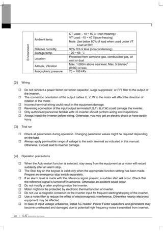 iv
Ambient temp.
CT Load: - 10 ~ 50℃ (non-freezing)
VT Load: -10 ~ 40℃(non-freezing)
Note: Use below 80% of load when used under VT
Load at 50℃
Relative humidity 90% RH or less (non-condensing)
Storage temp. - 20 ~ 65 ℃
Location
Protected from corrosive gas, combustible gas, oil
mist or dust
Altitude, Vibration
Max. 1,000m above sea level, Max. 5.9m/sec2
(0.6G) or less
Environment
Atmospheric pressure 70 ~ 106 kPa
(2) Wiring
Do not connect a power factor correction capacitor, surge suppressor, or RFI filter to the output of
the inverter.
The connection orientation of the output cables U, V, W to the motor will affect the direction of
rotation of the motor.
Incorrect terminal wiring could result in the equipment damage.
Reversing connection of the input/output terminals(R,S,T / U,V,W) could damage the inverter.
Only authorized personnel familiar with LS inverter should perform wiring and inspections.
Always install the inverter before wiring. Otherwise, you may get an electric shock or have bodily
injury.
(3) Trial run
Check all parameters during operation. Changing parameter values might be required depending
on the load.
Always apply permissible range of voltage to the each terminal as indicated in this manual.
Otherwise, it could lead to inverter damage.
(4) Operation precautions
When the Auto restart function is selected, stay away from the equipment as a motor will restart
suddenly after an alarm stop.
The Stop key on the keypad is valid only when the appropriate function setting has been made.
Prepare an emergency stop switch separately.
If an alarm reset is made with the reference signal present, a sudden start will occur. Check that
the reference signal is turned off in advance. Otherwise an accident could occur.
Do not modify or alter anything inside the inverter.
Motor might not be protected by electronic thermal function of inverter.
Do not use a magnetic contactor on the inverter input for frequent starting/stopping of the inverter.
Use a noise filter to reduce the effect of electromagnetic interference. Otherwise nearby electronic
equipment may be affected.
In case of input voltage unbalance, install AC reactor. Power Factor capacitors and generators may
become overheated and damaged due to potential high frequency noise transmitted from inverter.
 
