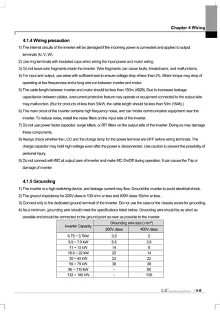 Chapter 4 Wiring
4-6
4.1.4 Wiring precaution
1) The internal circuits of the inverter will be damaged if the incoming power is connected and applied to output
terminals (U, V, W).
2) Use ring terminals with insulated caps when wiring the input power and motor wiring.
3) Do not leave wire fragments inside the inverter. Wire fragments can cause faults, breakdowns, and malfunctions.
4) For input and output, use wires with sufficient size to ensure voltage drop of less than 2%. Motor torque may drop of
operating at low frequencies and a long wire run between inverter and motor.
5) The cable length between inverter and motor should be less than 150m (492ft). Due to increased leakage
capacitance between cables, overcurrent protective feature may operate or equipment connected to the output side
may malfunction. (But for products of less than 30kW, the cable length should be less than 50m (164ft).)
6) The main circuit of the inverter contains high frequency noise, and can hinder communication equipment near the
inverter. To reduce noise, install line noise filters on the input side of the inverter.
7) Do not use power factor capacitor, surge killers, or RFI filters on the output side of the inverter. Doing so may damage
these components.
8) Always check whether the LCD and the charge lamp for the power terminal are OFF before wiring terminals. The
charge capacitor may hold high-voltage even after the power is disconnected. Use caution to prevent the possibility of
personal injury.
9) Do not connect with MC at output pare of inverter and make MC On/Off during operation. It can cause the Trip or
damage of inverter
4.1.5 Grounding
1) The inverter is a high switching device, and leakage current may flow. Ground the inverter to avoid electrical shock.
2) The ground impedance for 200V class is 100 ohm or less and 400V class 10ohm or less .
3) Connect only to the dedicated ground terminal of the inverter. Do not use the case or the chassis screw for grounding.
4) As a minimum, grounding wire should meet the specifications listed below. Grounding wire should be as short as
possible and should be connected to the ground point as near as possible to the inverter.
Grounding wire size ( mm²)
Inverter Capacity
200V class 400V class
0.75 ~ 3.7kW 3.5 2
5.5 ~ 7.5 kW 5.5 3.5
11 ~ 15 kW 14 8
18.5 ~ 22 kW 22 14
30 ~ 45 kW 22 22
55 ~ 75 kW 38 38
90 ~ 110 kW - 60
132 ~ 160 kW - 100
 