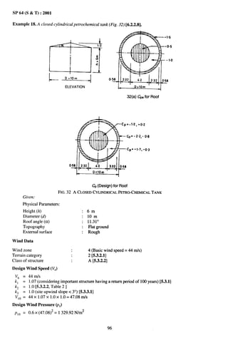 SP 64 (S & T) :2001

Example 18. A closed cylindrical petrochemical      tank (Fig. 32) [6.2.2.8].




                                ELEVATION


                                                                     32(a) ~~ for Roof




                                                                     =-1.2, +0.2


                                                                     CP=-2.2, -0.8


                                                                     cp=-1.7,   -Q.3



                                  o




                                               ~ (Design) for Roof
                            FIG. 32 A CLOSED CYLINDRICALPETRO-CHEMICALTANK
       Given:
       Physical Parameters:
       Height (h)                         :6m
       Diameter (d)                       : 10m
       Roof angle (et)                    : 11.310
       Topography                         : Flat ground
       External surface                   : Rough

Wind Data

Wind zone                                    4 (Basic wind speed= 44 m/s)
Terrain category                             2 [5.3.2.1]
Class of structure                           A [5.3.2.2]
Design Wind Speed (VZ)

 Vb    =   44 ds
 kl    =   1.07 (considering important structure having a return period of 100 years) [5.3.1]
 k,    =   1.0 [5.3.2.2, Table 2 ]
 k;    =   1.0 (site upwind slope c 3°) [5.3.3.1]
 VIO   =   44x 1.07x 1.OX 1.0=47 .08111Ls
Design Wind Pressure (pZ)
 p10 = 0.6x (47.08)2= 1329.92 N/m2



                                                           96
 