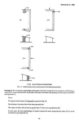 SP64(S&T):2001
                                  ,+1.8
                                                                          I
                                                                       -.--—- *
                                                                                      I
                                                                                      I
                                               i                                      I
                                               I                                      I
                                               1                                      I
                                               I                                      I
                                               I                                      I
                        +                      I                        -0.5          I
                                               I
                                               1                                      I
                                               i                                      I
                                               I                                      1
                                               1
                                               i
                                               I                                      ~
                                               i                                      I
                                          -J                           --------   4
                                  +l.8


                                      +1.8




                         *                                         D
                             ===6°”’




                         D           17 (e)
                                                   -0.6



                                                   ~ on Comers of Vertical Walls
                     FIG. 17 A RECTANGULAR
                                         CLADBUILDING
                                                    WITHMONOSLOPE OOF
                                                                R

Example 3. The rectangular clad building of Example 2 has been considered to be situated on a hill having a
slope of 9.5° on one side and 19.(Y on the other with walls on all sides with opening less than 5 percent [5.3.3.1
and Appendix C].

      Given:

      The approximate features of topography are given in Fig. 18.

      The building is located at 40 m from mean ground level.

      The slopes on either side of crest are greater than 3°, hence it is considered as hill.

      In such cases, the total methodology of solution remains the same except that the value of ks is to be
      calculated as per [Appendix C].


                                                            43
 