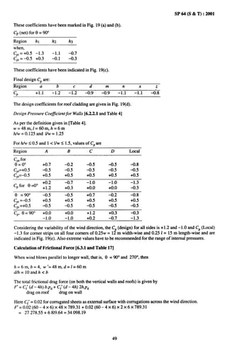 SP64(S&T):2001

These coefficients have been marked in Fig. 19 (a) and (b).
CP (net) fore= 90°
Region        hl              hz         hs
when,
C~i= +0.5 ‘1.3                -1.1       -0.7
C~i= ‘0.5 +0.3                -0.1       -0.3

These coefficients have been indicated in Fig. 19(c).

Final design CPare:
Region             a               b          c     d      m             n           x     z
Cp            +1.1            –1.2       –1.2     –0.9   -0.9          –1.1     –1.1     +“.8

The design coefficients for roof cladding are given in Fig. 19(d).

Design Pressure Coefficient for Walls [6.2.2.1 and Table 4]

As per the definition given in [Table 4].
w=48m, l=60m, h=6m
h/w = 0.125 and VW= 1.25

For Wws 0.5 and 1< l/w S 1.5, values of CPare
Region                  A               B           c            D            Local
CP.for
9=0°                   +0.7            -0.2       -0.5         -0.5           -0.8
C~l=+0.5               4.5             -0.5       -0.5         -0.5           -0.5
C~i=–0.5               +0.5            +0.5       +0.5         +0.5           +0.5
                       +0.2            -0.7       -1.0         -1.0           -1.3
CPfor 0=0°             +1 z
                                       +0.3       +0.0         +0.0           +.3
e = 90°                -0.5            -0.5       +0.7         -0.2           -0.8
C~i‘4.5                +0.5            +0.5       +0.5         +0.5           +0.5
C~i=+0.5               +.5             -0.5       -0.5         4.5            -0.5
Cp, e = 90°            +0.0            +0.0       +1.2          +0.3          -0.3
                       –1.0            -1.0       +0.2          -0.7          -1.3

Considering the variability of the wind direction, the C (design) for all sides is +1.2 and –1.0 and CP (Local)
–1.3 for comer strips on all four corners of 0.25w = 1~ m width-wise and 0.251 = 15 m length-wise and are
indicated in Fig. 19(e). Also extreme values have to be recommended for the range of internal pressures.

Calculation of Frictional Force [6.3.1 and Table 17]

When wind blows parallel to longer wall, that is, 8 = 90° and 270°, then

h=6m, b=4, w’=48m,                     d=l=60m
oYh=lOandh<b

The total frictional drag force (on both the vertical walls and roofs) is given by
F = C/ (d – 4h) b.p~ + C: (d – 4h) 2h.p~
       drag on roof       drag on wall

Here C;= 0.02 for corrugated sheets as external surface with corrugations across the wind direction,
F'= 0.02(60-4x    6)x48 x789.3 l+ 0.02(60-4x         6)x2x 6x789.3l
  = 27 278.55+6 819.64=34 098.19




                                                                 49
 