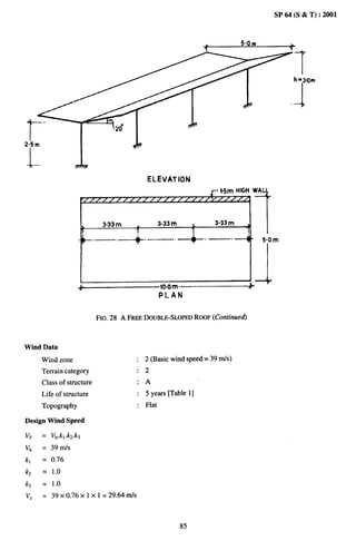 SP 64 (S & T) :2001



                                                                                              scorn
                                                                                “
                                                                                I
                                                                                                                 -L



                                                                                                                  h.sam


                                                                                                                  1
r-
2.5m


-1-                mn
                                                   ELEVATION
                                                                                         $5m HIGH WAL
                           /f//l/fl//~~~~f~f



                                333 m          L          3.33 m            L       3933m
                      t                        1                            1   “F”’”;           J
                      t—-+-                                        --t-”-                                5.0 m




                                                                                                     1
                    -~lo.om~
                                                          PLAN


                             FIG. 28 A FREEDOUBLE-SLOPED
                                                       ROOF(Continued)



Wind Data
       Wind zone                                   2 (Basic wind speed= 39 m/s)
       Terraincategory                             2
       Class of structure                          A
       Life of structure                           5 years [Table 1]
       Topography                                  Flat

Design Wind Speed

Vz     = V@l .k2.k3
v~     = 39 n-h
kl     = 0.76
kz     = 1.0
k3     = 1.0

Vz     = 39x0.76      xlxl=29.64ds



                                                                    85
 
