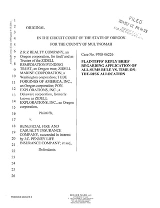 2014 09-12 plaintiff's reply brief re application of all-sums rule v. time-on-the-risk allocation