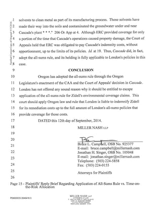 2014 09-12 plaintiff's reply brief re application of all-sums rule v. time-on-the-risk allocation