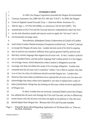 2014 09-12 plaintiff's reply brief re application of all-sums rule v. time-on-the-risk allocation