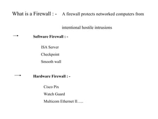 What is a Firewall : -  A firewall protects networked computers from  intentional hostile intrusions Software Firewall : - Hardware Firewall : - ISA Server Checkpoint Smooth wall Cisco Pix Watch Guard Multicom Ethernet II….. 