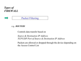 Types of   FIREWALL Packet Filtering e.g..  ROUTERS Controls data transfer based on  Source & Destination IP Address  TCP/UDP Port of Source & Destination IP Address Packets are allowed or dropped through the device depending on the Access Control List 