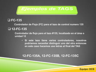  FC-135
Controlador de Flujo (FC) para el lazo de control numero 135
 12-FC-135
Controlador de flujo para el lazo #135, localizado en el área o
unidad 12
• Si este lazo tiene varios controladores, nosotros
podríamos necesitar distinguir uno del otro entonces
en este caso hacemos uso letras al final del TAG
12-FC-135A, 12-FC-135B, 12-FC-135C
Equipo: DCS
 