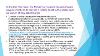 In the last two years, the Ministry of Tourism has undertaken
several initiatives to provide a further boost to the sector such
as launch of new schemes like
• Creation of world class tourism related infrastructure:
Swadesh Darshan scheme was launched by the Ministry of Tourism for the
development of theme based tourist circuits to cater to both mass and niche
tourism. Under this scheme that aims to develop world class infrastructure to
promote cultural and heritage value of the country and enhance the tourist
attractiveness, 27 projects for Rs. 2261.50 crore have been sanctioned for 21
States and Union Territories since its launch in January 2015.
• The National Mission for Pilgrimage Rejuvenation and Spiritual Augmentation
Drive (PRASAD) scheme, was also launched by the Ministry for the development
and beautification of pilgrimage sites to tap the growth of domestic tourists
driven by spiritual/religious sentiments.
• Growth in tourist footfalls: Foreign Tourist Arrivals (FTAs) during the period
January- July, 2016 were 49.22 lakh with a growth of 10.0% over the same
period in 2015. In January-July 2015, FTAs of 44.73 lakh were registered with a
growth of 4.6% over the same period in January- July, 2014. Foreign tourist visits
(FTVs) to the States/UTs was 23.3 million in 2015, as compared to 22.3 million in
2014, registering a growth of 4.4% over 2014.
 