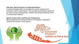 SUN Club: Special Projects to Understand Nature
A variety of programmes are available for anyone wanting to be
involved in nature conservation. This includes volunteering as guides at
our nature areas, participating in habitat monitoring and giving a hand
in reforestation projects.
Species Conservation and Recovery Programmes
Many programmes are being carried out in Singapore, designed to
conserve and recover native species.
 