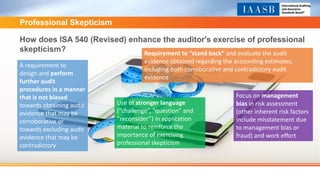 Professional Skepticism
How does ISA 540 (Revised) enhance the auditor's exercise of professional
skepticism?
A requirement to
design and perform
further audit
procedures in a manner
that is not biased
towards obtaining audit
evidence that may be
corroborative or
towards excluding audit
evidence that may be
contradictory
Use of stronger language
(“challenge”, “question” and
“reconsider”) in application
material to reinforce the
importance of exercising
professional skepticism
Requirement to “stand back” and evaluate the audit
evidence obtained regarding the accounting estimates,
including both corroborative and contradictory audit
evidence
Focus on management
bias in risk assessment
(other inherent risk factors
include misstatement due
to management bias or
fraud) and work effort
 