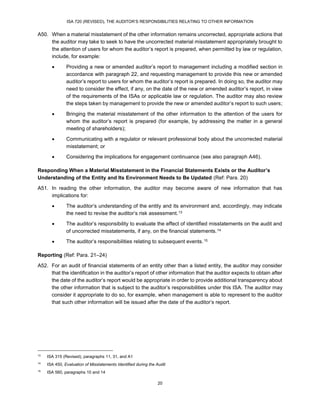 ISA 720 (REVISED), THE AUDITOR’S RESPONSIBILITIES RELATING TO OTHER INFORMATION
20
A50. When a material misstatement of the other information remains uncorrected, appropriate actions that
the auditor may take to seek to have the uncorrected material misstatement appropriately brought to
the attention of users for whom the auditor’s report is prepared, when permitted by law or regulation,
include, for example:
 Providing a new or amended auditor’s report to management including a modified section in
accordance with paragraph 22, and requesting management to provide this new or amended
auditor’s report to users for whom the auditor’s report is prepared. In doing so, the auditor may
need to consider the effect, if any, on the date of the new or amended auditor’s report, in view
of the requirements of the ISAs or applicable law or regulation. The auditor may also review
the steps taken by management to provide the new or amended auditor’s report to such users;
 Bringing the material misstatement of the other information to the attention of the users for
whom the auditor’s report is prepared (for example, by addressing the matter in a general
meeting of shareholders);
 Communicating with a regulator or relevant professional body about the uncorrected material
misstatement; or
 Considering the implications for engagement continuance (see also paragraph A46).
Responding When a Material Misstatement in the Financial Statements Exists or the Auditor’s
Understanding of the Entity and Its Environment Needs to Be Updated (Ref: Para. 20)
A51. In reading the other information, the auditor may become aware of new information that has
implications for:
 The auditor’s understanding of the entity and its environment and, accordingly, may indicate
the need to revise the auditor’s risk assessment.22F
13
 The auditor’s responsibility to evaluate the effect of identified misstatements on the audit and
of uncorrected misstatements, if any, on the financial statements.23F
14
 The auditor’s responsibilities relating to subsequent events.24F
15
Reporting (Ref: Para. 21–24)
A52. For an audit of financial statements of an entity other than a listed entity, the auditor may consider
that the identification in the auditor’s report of other information that the auditor expects to obtain after
the date of the auditor’s report would be appropriate in order to provide additional transparency about
the other information that is subject to the auditor’s responsibilities under this ISA. The auditor may
consider it appropriate to do so, for example, when management is able to represent to the auditor
that such other information will be issued after the date of the auditor’s report.
13
ISA 315 (Revised), paragraphs 11, 31, and A1
14
ISA 450, Evaluation of Misstatements Identified during the Audit
15
ISA 560, paragraphs 10 and 14
 