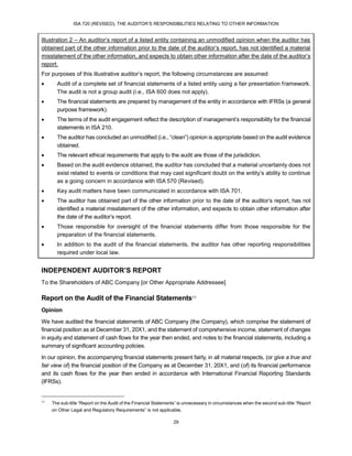 ISA 720 (REVISED), THE AUDITOR’S RESPONSIBILITIES RELATING TO OTHER INFORMATION
29
Illustration 2 – An auditor’s report of a listed entity containing an unmodified opinion when the auditor has
obtained part of the other information prior to the date of the auditor’s report, has not identified a material
misstatement of the other information, and expects to obtain other information after the date of the auditor’s
report.
For purposes of this illustrative auditor’s report, the following circumstances are assumed:
 Audit of a complete set of financial statements of a listed entity using a fair presentation framework.
The audit is not a group audit (i.e., ISA 600 does not apply).
 The financial statements are prepared by management of the entity in accordance with IFRSs (a general
purpose framework).
 The terms of the audit engagement reflect the description of management’s responsibility for the financial
statements in ISA 210.
 The auditor has concluded an unmodified (i.e., “clean”) opinion is appropriate based on the audit evidence
obtained.
 The relevant ethical requirements that apply to the audit are those of the jurisdiction.
 Based on the audit evidence obtained, the auditor has concluded that a material uncertainty does not
exist related to events or conditions that may cast significant doubt on the entity’s ability to continue
as a going concern in accordance with ISA 570 (Revised).
 Key audit matters have been communicated in accordance with ISA 701.
 The auditor has obtained part of the other information prior to the date of the auditor’s report, has not
identified a material misstatement of the other information, and expects to obtain other information after
the date of the auditor’s report.
 Those responsible for oversight of the financial statements differ from those responsible for the
preparation of the financial statements.
 In addition to the audit of the financial statements, the auditor has other reporting responsibilities
required under local law.
INDEPENDENT AUDITOR’S REPORT
To the Shareholders of ABC Company [or Other Appropriate Addressee]
Report on the Audit of the Financial Statements11
Opinion
We have audited the financial statements of ABC Company (the Company), which comprise the statement of
financial position as at December 31, 20X1, and the statement of comprehensive income, statement of changes
in equity and statement of cash flows for the year then ended, and notes to the financial statements, including a
summary of significant accounting policies.
In our opinion, the accompanying financial statements present fairly, in all material respects, (or give a true and
fair view of) the financial position of the Company as at December 31, 20X1, and (of) its financial performance
and its cash flows for the year then ended in accordance with International Financial Reporting Standards
(IFRSs).
11
The sub-title “Report on the Audit of the Financial Statements” is unnecessary in circumstances when the second sub-title “Report
on Other Legal and Regulatory Requirements” is not applicable.
 