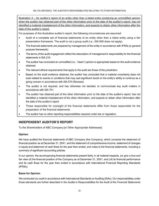 ISA 720 (REVISED), THE AUDITOR’S RESPONSIBILITIES RELATING TO OTHER INFORMATION
32
Illustration 3 – An auditor’s report of an entity other than a listed entity containing an unmodified opinion
when the auditor has obtained part of the other information prior to the date of the auditor’s report, has not
identified a material misstatement of the other information, and expects to obtain other information after the
date of the auditor’s report.
For purposes of this illustrative auditor’s report, the following circumstances are assumed:
 Audit of a complete set of financial statements of an entity other than a listed entity using a fair
presentation framework. The audit is not a group audit (i.e., ISA 600 does not apply).
 The financial statements are prepared by management of the entity in accordance with IFRSs (a general
purpose framework).
 The terms of the audit engagement reflect the description of management’s responsibility for the financial
statements in ISA 210.
 The auditor has concluded an unmodified (i.e., “clean”) opinion is appropriate based on the audit evidence
obtained.
 The relevant ethical requirements that apply to the audit are those of the jurisdiction.
 Based on the audit evidence obtained, the auditor has concluded that a material uncertainty does not
exist related to events or conditions that may cast significant doubt on the entity’s ability to continue as a
going concern in accordance with ISA 570 (Revised).
 The auditor is not required, and has otherwise not decided, to communicate key audit matters in
accordance with ISA 701.
 The auditor has obtained part of the other information prior to the date of the auditor’s report, has not
identified a material misstatement of the other information, and expects to obtain other information after
the date of the auditor’s report.
 Those responsible for oversight of the financial statements differ from those responsible for the
preparation of the financial statements.
 The auditor has no other reporting responsibilities required under law or regulation.
INDEPENDENT AUDITOR’S REPORT
To the Shareholders of ABC Company [or Other Appropriate Addressee]
Opinion
We have audited the financial statements of ABC Company (the Company), which comprise the statement of
financial position as at December 31, 20X1, and the statement of comprehensive income, statement of changes
in equity and statement of cash flows for the year then ended, and notes to the financial statements, including a
summary of significant accounting policies.
In our opinion, the accompanying financial statements present fairly, in all material respects, (or give a true and
fair view of) the financial position of the Company as at December 31, 20X1, and (of) its financial performance
and its cash flows for the year then ended in accordance with International Financial Reporting Standards
(IFRSs).
Basis for Opinion
We conducted our audit in accordance with International Standards onAuditing (ISAs). Our responsibilities under
those standards are further described in the Auditor’s Responsibilities for the Audit of the Financial Statements
 