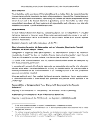 ISA 720 (REVISED), THE AUDITOR’S RESPONSIBILITIES RELATING TO OTHER INFORMATION
35
Basis for Opinion
We conducted our audit in accordance with International Standards onAuditing (ISAs). Our responsibilities under
those standards are further described in the Auditor’s Responsibilities for the Audit of the Financial Statements
section of our report. We are independent of the Company in accordance with the ethical requirements that are
relevant to our audit of the financial statements in [jurisdiction], and we have fulfilled our other ethical
responsibilities in accordance with these requirements. We believe that the audit evidence we have obtained is
sufficient and appropriate to provide a basis for our opinion.
Key Audit Matters
Key audit matters are those matters that, in our professional judgment, were of most significance in our audit of
the financial statements of the current period. These matters were addressed in the context of our audit of
the financial statements as a whole, and in forming our opinion thereon, and we do not provide a separate
opinion on these matters.
[Description of each key audit matter in accordance with ISA 701.]
Other Information [or another title if appropriate, such as “Information Other than the Financial
Statements and Auditor’s Report Thereon”]
Management21 is responsible for the other information. The other information comprises the [information
included in the X report,22 but does not include the financial statements and our auditor’s report thereon].
The X report is expected to be made available to us after the date of this auditor's report.
Our opinion on the financial statements does not cover the other information and we will not express any
form of assurance conclusion thereon.
In connection with our audit of the financial statements, our responsibility is to read the other information
identified above when it becomes available and, in doing so, consider whether the other information is
materially inconsistent with the financial statements or our knowledge obtained in the audit, or otherwise
appears to be materially misstated.
[When we read the X report, if we conclude that there is a material misstatement therein, we are required
to communicate the matter to those charged with governance and [describe actions applicable in the
jurisdiction].]23
Responsibilities of Management and Those Charged with Governance for the Financial
Statements24
[Reporting in accordance with ISA 700 (Revised) – see Illustration 1 in ISA 700 (Revised).]
Auditor’s Responsibilities for the Audit of the Financial Statements
[Reporting in accordance with ISA 700 (Revised) – see Illustration 1 in ISA 700 (Revised).]
21
Or other terms that are appropriate in the context of the legal framework of the particular jurisdiction
22
A more specific description of the other information, such as “the management report and chair’s statement,” may be used to
identify the other information.
23
This additional paragraph may be useful when the auditor has identified an uncorrected material misstatement of the other
information obtained after the date of the auditor's report and has a legal obligation to take specific action in response.
24
Or other terms that are appropriate in the context of the legal framework of the particular jurisdiction
 