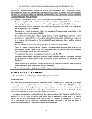 ISA 720 (REVISED), THE AUDITOR’S RESPONSIBILITIES RELATING TO OTHER INFORMATION
40
Illustration 6 – An auditor’s report of any entity, whether listed or other than listed, containing an qualified
opinion when the auditor has obtained all of the other information prior to the date of the auditor's report
and there is a limitation of scope with respect to a material item in the consolidated financial statements
which also affects the other information.
For purposes of this illustrative auditor’s report, the following circumstances are assumed:
 Audit of a complete set of consolidated financial statements of any entity, whether listed or other than
listed, using a fair presentation framework. The audit is a group audit (i.e., ISA 600 applies).
 The consolidated financial statements are prepared by management of the entity in accordance with
IFRSs (a general purpose framework).
 The terms of the audit engagement reflect the description of management’s responsibility for the
consolidated financial statements in ISA 210.
 The auditor was unable to obtain sufficient appropriate audit evidence regarding an investment in a foreign
associate. The possible effects of the inability to obtain sufficient appropriate audit evidence are deemed
to be material but not pervasive to the consolidated financial statements (i.e., a qualified opinion is
appropriate).
 The relevant ethical requirements that apply to the audit are those of the jurisdiction.
 Based on the audit evidence obtained, the auditor has concluded that a material uncertainty does not
exist related to events or conditions that may cast significant doubt on the entity’s ability to continue as a
going concern in accordance with ISA 570 (Revised).
 Key audit matters have been communicated in accordance with ISA 701.
 The auditor has obtained all of the other information prior to the date of the auditor’s report and the matter
giving rise to the qualified opinion on the consolidated financial statements also affects the other
information
 Those responsible for oversight of the consolidated financial statements differ from those responsible
for the preparation of the consolidated financial statements.
 The auditor has no other reporting responsibilities required under law or regulation.
INDEPENDENT AUDITOR’S REPORT
To the Shareholders of ABC Company [or Other Appropriate Addressee]
Qualified Opinion
We have audited the consolidated financial statements of ABC Company and its subsidiaries (the Group),
which comprise the consolidated statement of financial position as at December 31, 20X1, and the
consolidated statement of comprehensive income, consolidated statement of changes in equity and
consolidated statement of cash flows for the year then ended, and notes to the consolidated financial
statements, including a summary of significant accounting policies.
In our opinion, except for the possible effects of the matter described in the Basis for Qualified Opinion
section of our report, the accompanying consolidated financial statements present fairly, in all material
respects, (or give a true and fair view of) the financial position of the Group as at December 31, 20X1, and
(of) its consolidated financial performance and its consolidated cash flows for the year then ended in
accordance with International Financial Reporting Standards (IFRSs).
 