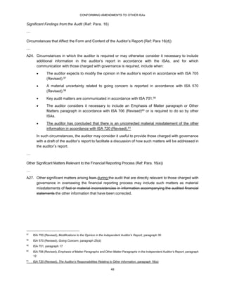 CONFORMING AMENDMENTS TO OTHER ISAs
48
Significant Findings from the Audit (Ref: Para. 16)
…
Circumstances that Affect the Form and Content of the Auditor’s Report (Ref: Para 16(d))
…
A24. Circumstances in which the auditor is required or may otherwise consider it necessary to include
additional information in the auditor’s report in accordance with the ISAs, and for which
communication with those charged with governance is required, include when:
 The auditor expects to modify the opinion in the auditor’s report in accordance with ISA 705
(Revised).57
 A material uncertainty related to going concern is reported in accordance with ISA 570
(Revised).58
 Key audit matters are communicated in accordance with ISA 701.59
 The auditor considers it necessary to include an Emphasis of Matter paragraph or Other
Matters paragraph in accordance with ISA 706 (Revised)60 or is required to do so by other
ISAs.
 The auditor has concluded that there is an uncorrected material misstatement of the other
information in accordance with ISA 720 (Revised).61
In such circumstances, the auditor may consider it useful to provide those charged with governance
with a draft of the auditor’s report to facilitate a discussion of how such matters will be addressed in
the auditor’s report.
…
Other Significant Matters Relevant to the Financial Reporting Process (Ref: Para. 16(e))
…
A27. Other significant matters arising from during the audit that are directly relevant to those charged with
governance in overseeing the financial reporting process may include such matters as material
misstatements of fact or material inconsistencies in information accompanying the audited financial
statements the other information that have been corrected.
57
ISA 705 (Revised), Modifications to the Opinion in the Independent Auditor’s Report, paragraph 30
58
ISA 570 (Revised), Going Concern, paragraph 25(d)
59
ISA 701, paragraph 17
60
ISA 706 (Revised), Emphasis of Matter Paragraphs and Other Matter Paragraphs in the Independent Auditor’s Report, paragraph
12
61
ISA 720 (Revised), The Auditor’s Responsibilities Relating to Other Information, paragraph 18(a)
 