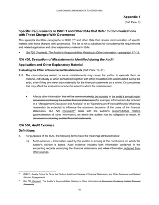CONFORMING AMENDMENTS TO OTHER ISAs
49
Appendix 1
(Ref: Para. 3)
Specific Requirements in ISQC 1 and Other ISAs that Refer to Communications
with Those Charged With Governance
This appendix identifies paragraphs in ISQC 162 and other ISAs that require communication of specific
matters with those charged with governance. The list is not a substitute for considering the requirements
and related application and other explanatory material in ISAs.
 ISA 720 (Revised), The Auditor’s Responsibilities Relating to Other Information – paragraph 17–19.
ISA 450, Evaluation of Misstatements Identified during the Audit
Application and Other Explanatory Material
Evaluating the Effect of Uncorrected Misstatements (Ref: Para. 10–11)
A16. The circumstances related to some misstatements may cause the auditor to evaluate them as
material, individually or when considered together with other misstatements accumulated during the
audit, even if they are lower than materiality for the financial statements as a whole. Circumstances
that may affect the evaluation include the extent to which the misstatement:
…
 Affects other information that will be communicatedto be included in the entity’s annual report
documents containing the audited financial statements (for example, information to be included
in a “Management Discussion and Analysis” or an “Operating and Financial Review”) that may
reasonably be expected to influence the economic decisions of the users of the financial
statements. ISA 720 (Revised)63 deals with the auditor’s responsibilities relating
toconsideration of other information, on which the auditor has no obligation to report, in
documents containing audited financial statements.
ISA 500, Audit Evidence
Definitions
5. For purposes of the ISAs, the following terms have the meanings attributed below:
(c) Audit evidence – Information used by the auditor in arriving at the conclusions on which the
auditor’s opinion is based. Audit evidence includes both information contained in the
accounting records underlying the financial statements and other information obtained from
other sources.
62
ISQC 1, Quality Control for Firms that Perform Audits and Reviews of Financial Statements, and Other Assurance and Related
Services Engagements
63
ISA 720 (Revised), The Auditor’s Responsibilities Relating to Other Information in Documents Containing Audited Financial
Statements
 
