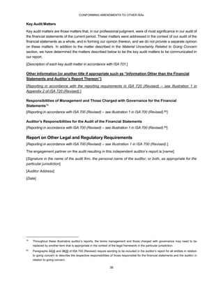CONFORMING AMENDMENTS TO OTHER ISAs
58
Key Audit Matters
Key audit matters are those matters that, in our professional judgment, were of most significance in our audit of
the financial statements of the current period. These matters were addressed in the context of our audit of the
financial statements as a whole, and in forming our opinion thereon, and we do not provide a separate opinion
on these matters. In addition to the matter described in the Material Uncertainty Related to Going Concern
section, we have determined the matters described below to be the key audit matters to be communicated in
our report.
[Description of each key audit matter in accordance with ISA 701.]
Other Information [or another title if appropriate such as “Information Other than the Financial
Statements and Auditor’s Report Thereon”]
[Reporting in accordance with the reporting requirements in ISA 720 (Revised) – see Illustration 1 in
Appendix 2 of ISA 720 (Revised).]
Responsibilities of Management and Those Charged with Governance for the Financial
Statements79
[Reporting in accordance with ISA 700 (Revised) – see Illustration 1 in ISA 700 (Revised).80]
Auditor’s Responsibilities for the Audit of the Financial Statements
[Reporting in accordance with ISA 700 (Revised) – see Illustration 1 in ISA 700 (Revised).80]
Report on Other Legal and Regulatory Requirements
[Reporting in accordance with ISA 700 (Revised) – see Illustration 1 in ISA 700 (Revised).]
The engagement partner on the audit resulting in this independent auditor’s report is [name].
[Signature in the name of the audit firm, the personal name of the auditor, or both, as appropriate for the
particular jurisdiction]
[Auditor Address]
[Date]
79
Throughout these illustrative auditor’s reports, the terms management and those charged with governance may need to be
replaced by another term that is appropriate in the context of the legal framework in the particular jurisdiction.
80
Paragraphs 3334 and 3839 of ISA 700 (Revised) require wording to be included in the auditor’s report for all entities in relation
to going concern to describe the respective responsibilities of those responsible for the financial statements and the auditor in
relation to going concern.
 