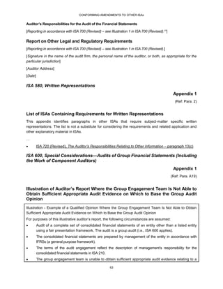 CONFORMING AMENDMENTS TO OTHER ISAs
63
Auditor’s Responsibilities for the Audit of the Financial Statements
[Reporting in accordance with ISA 700 (Revised) – see Illustration 1 in ISA 700 (Revised).11]
Report on Other Legal and Regulatory Requirements
[Reporting in accordance with ISA 700 (Revised) – see Illustration 1 in ISA 700 (Revised).]
[Signature in the name of the audit firm, the personal name of the auditor, or both, as appropriate for the
particular jurisdiction]
[Auditor Address]
[Date]
ISA 580, Written Representations
Appendix 1
(Ref: Para. 2)
List of ISAs Containing Requirements for Written Representations
This appendix identifies paragraphs in other ISAs that require subject-matter specific written
representations. The list is not a substitute for considering the requirements and related application and
other explanatory material in ISAs.
…
 ISA 720 (Revised), The Auditor’s Responsibilities Relating to Other Information – paragraph 13(c)
ISA 600, Special Considerations—Audits of Group Financial Statements (Including
the Work of Component Auditors)
Appendix 1
(Ref: Para. A19)
Illustration of Auditor’s Report Where the Group Engagement Team Is Not Able to
Obtain Sufficient Appropriate Audit Evidence on Which to Base the Group Audit
Opinion
Illustration - Example of a Qualified Opinion Where the Group Engagement Team Is Not Able to Obtain
Sufficient Appropriate Audit Evidence on Which to Base the Group Audit Opinion
For purposes of this illustrative auditor’s report, the following circumstances are assumed:
 Audit of a complete set of consolidated financial statements of an entity other than a listed entity
using a fair presentation framework. The audit is a group audit (i.e., ISA 600 applies).
 The consolidated financial statements are prepared by management of the entity in accordance with
IFRSs (a general purpose framework).
 The terms of the audit engagement reflect the description of management’s responsibility for the
consolidated financial statements in ISA 210.
 The group engagement team is unable to obtain sufficient appropriate audit evidence relating to a
 