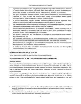 CONFORMING AMENDMENTS TO OTHER ISAs
64
significant component accounted for by the equity method (recognized at $15 million in the statement
of financial position, which reflects total assets of $60 million) because the group engagement team
did not have access to the accounting records, management, or auditor of the component.
 The group engagement team has read the audited financial statements of the component as at
December 31, 20X1, including the auditor’s report thereon, and considered related financial
information kept by group management in relation to the component.
 In the group engagement partner’s judgment, the effect on the group financial statements of this
inability to obtain sufficient appropriate audit evidence is material but not pervasive.87
 The International Ethics Standards Board for Accountants' Code of Ethics for Professional Accountants
comprises all of the relevant ethical requirements that apply to the audit.
 Based on the audit evidence obtained, the auditor has concluded that a material uncertainty does not
exist related to events or conditions that may cast significant doubt on the entity’s ability to continue
as a going concern in accordance with ISA 570 (Revised).
 The auditor is not required, and has otherwise not decided, to communicate key audit matters in
accordance with ISA 701.
 The auditor has obtained all of the other information prior to the date of the auditor's report and the
qualified opinion on the consolidated financial statements also affects the other information.
 Those responsible for oversight of the consolidated financial statements differ from those responsible for
the preparation of the consolidated financial statements.
 In addition to the audit of the consolidated financial statements, the auditor has other reporting
responsibilities required under local law.
INDEPENDENT AUDITOR’S REPORT
To the Shareholders of ABC Company [or Other Appropriate Addressee]
Report on the Audit of the Consolidated Financial Statements88
Qualified Opinion
We have audited the consolidated financial statements of ABC Company and its subsidiaries (the Group),
which comprise the consolidated statement of financial position as at December 31, 20X1, and the
consolidated statement of comprehensive income, statement of changes in equity and statement of cash
flows for the year then ended, and notes to the financial statements, including a summary of significant
accounting policies.
In our opinion, except for the possible effects of the matter described in the Basis for Qualified Opinion
section of our report, the accompanying consolidated financial statements present fairly, in all material
respects (or give a true and fair view of), the financial position of the Group as at December 31, 20X1, and
87
If, in the group engagement partner’s judgment, the effect on the group financial statements of the inability to obtain sufficient
appropriate audit evidence is material and pervasive, the group engagement partner would disclaim an opinion in accordance
with ISA 705 (Revised).
88
The sub-title, “Report on the Audit of the Consolidated Financial Statements” is unnecessary in circumstances when the second
sub-title, “Report on Other Legal and Regulatory Requirements” is not applicable.
 