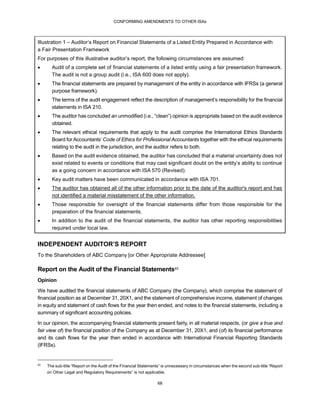 CONFORMING AMENDMENTS TO OTHER ISAs
68
Illustration 1 – Auditor’s Report on Financial Statements of a Listed Entity Prepared in Accordance with
a Fair Presentation Framework
For purposes of this illustrative auditor’s report, the following circumstances are assumed:
 Audit of a complete set of financial statements of a listed entity using a fair presentation framework.
The audit is not a group audit (i.e., ISA 600 does not apply).
 The financial statements are prepared by management of the entity in accordance with IFRSs (a general
purpose framework).
 The terms of the audit engagement reflect the description of management’s responsibility for the financial
statements in ISA 210.
 The auditor has concluded an unmodified (i.e., “clean”) opinion is appropriate based on the audit evidence
obtained.
 The relevant ethical requirements that apply to the audit comprise the International Ethics Standards
Board for Accountants’ Code of Ethics for Professional Accountants together with the ethical requirements
relating to the audit in the jurisdiction, and the auditor refers to both.
 Based on the audit evidence obtained, the auditor has concluded that a material uncertainty does not
exist related to events or conditions that may cast significant doubt on the entity’s ability to continue
as a going concern in accordance with ISA 570 (Revised).
 Key audit matters have been communicated in accordance with ISA 701.
 The auditor has obtained all of the other information prior to the date of the auditor's report and has
not identified a material misstatement of the other information.
 Those responsible for oversight of the financial statements differ from those responsible for the
preparation of the financial statements.
 In addition to the audit of the financial statements, the auditor has other reporting responsibilities
required under local law.
INDEPENDENT AUDITOR’S REPORT
To the Shareholders of ABC Company [or Other Appropriate Addressee]
Report on the Audit of the Financial Statements93
Opinion
We have audited the financial statements of ABC Company (the Company), which comprise the statement of
financial position as at December 31, 20X1, and the statement of comprehensive income, statement of changes
in equity and statement of cash flows for the year then ended, and notes to the financial statements, including a
summary of significant accounting policies.
In our opinion, the accompanying financial statements present fairly, in all material respects, (or give a true and
fair view of) the financial position of the Company as at December 31, 20X1, and (of) its financial performance
and its cash flows for the year then ended in accordance with International Financial Reporting Standards
(IFRSs).
93
The sub-title “Report on the Audit of the Financial Statements” is unnecessary in circumstances when the second sub-title “Report
on Other Legal and Regulatory Requirements” is not applicable.
 