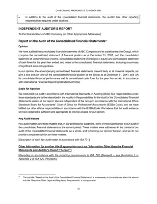 CONFORMING AMENDMENTS TO OTHER ISAs
72
 In addition to the audit of the consolidated financial statements, the auditor has other reporting
responsibilities required under local law.
INDEPENDENT AUDITOR’S REPORT
To the Shareholders of ABC Company [or Other Appropriate Addressee]
Report on the Audit of the Consolidated Financial Statements97
Opinion
We have audited the consolidated financial statements of ABC Company and its subsidiaries (the Group), which
comprise the consolidated statement of financial position as at December 31, 20X1, and the consolidated
statement of comprehensive income, consolidated statement of changes in equity and consolidated statement
of cash flows for the year then ended, and notes to the consolidated financial statements, including a summary
of significant accounting policies.
In our opinion, the accompanying consolidated financial statements present fairly, in all material respects, (or
give a true and fair view of) the consolidated financial position of the Group as at December 31, 20X1, and (of)
its consolidated financial performance and its consolidated cash flows for the year then ended in accordance
with International Financial Reporting Standards (IFRSs).
Basis for Opinion
We conducted our audit in accordance with International Standards onAuditing (ISAs). Our responsibilities under
those standards are further described in the Auditor’s Responsibilities for the Audit of the Consolidated Financial
Statements section of our report. We are independent of the Group in accordance with the International Ethics
Standards Board for Accountants’ Code of Ethics for Professional Accountants (IESBA Code), and we have
fulfilled our other ethical responsibilities in accordance with the IESBA Code. We believe that the audit evidence
we have obtained is sufficient and appropriate to provide a basis for our opinion.
Key Audit Matters
Key audit matters are those matters that, in our professional judgment, were of most significance in our audit of
the consolidated financial statements of the current period. These matters were addressed in the context of our
audit of the consolidated financial statements as a whole, and in forming our opinion thereon, and we do not
provide a separate opinion on these matters.
[Description of each key audit matter in accordance with ISA 701.]
Other Information [or another title if appropriate such as “Information Other than the Financial
Statements and Auditor’s Report Thereon”]
[Reporting in accordance with the reporting requirements in ISA 720 (Revised) – see Illustration 1 in
Appendix 2 of ISA 720 (Revised).]
97
The sub-title “Report on the Audit of the Consolidated Financial Statements” is unnecessary in circumstances when the second
sub-title “Report on Other Legal and Regulatory Requirements” is not applicable.
 