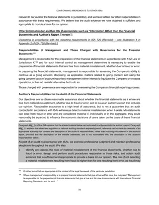 CONFORMING AMENDMENTS TO OTHER ISAs
78
relevant to our audit of the financial statements in [jurisdiction], and we have fulfilled our other responsibilities in
accordance with these requirements. We believe that the audit evidence we have obtained is sufficient and
appropriate to provide a basis for our opinion.
Other Information [or another title if appropriate such as “Information Other than the Financial
Statements and Auditor’s Report Thereon”]
[Reporting in accordance with the reporting requirements in ISA 720 (Revised) – see Illustration 1 in
Appendix 2 of ISA 720 (Revised).]
Responsibilities of Management and Those Charged with Governance for the Financial
Statements103
Management is responsible for the preparation of the financial statements in accordance with XYZ Law of
Jurisdiction X,104 and for such internal control as management determines is necessary to enable the
preparation of financial statements that are free from material misstatement, whether due to fraud or error.
In preparing the financial statements, management is responsible for assessing the Company’s ability to
continue as a going concern, disclosing, as applicable, matters related to going concern and using the
going concern basis of accounting unless management either intends to liquidate the Company or to cease
operations, or has no realistic alternative but to do so.
Those charged with governance are responsible for overseeing the Company’s financial reporting process.
Auditor’s Responsibilities for the Audit of the Financial Statements
Our objectives are to obtain reasonable assurance about whether the financial statements as a whole are
free from material misstatement, whether due to fraud or error, and to issue an auditor’s report that includes
our opinion. Reasonable assurance is a high level of assurance, but is not a guarantee that an audit
conducted in accordance with ISAs will always detect a material misstatement when it exists. Misstatements
can arise from fraud or error and are considered material if, individually or in the aggregate, they could
reasonably be expected to influence the economic decisions of users taken on the basis of these financial
statements.
Paragraph 4041 (b) of this ISA explains that the shaded material below can be located in an Appendix to the auditor’s report. Paragraph
4041 (c) explains that when law, regulation or national auditing standards expressly permit, reference can be made to a website of an
appropriate authority that contains the description of the auditor’s responsibilities, rather than including this material in the auditor’s
report, provided that the description on the website addresses, and is not inconsistent with, the description of the auditor’s
responsibilities below.
As part of an audit in accordance with ISAs, we exercise professional judgment and maintain professional
skepticism throughout the audit. We also:
 Identify and assess the risks of material misstatement of the financial statements, whether due to
fraud or error, design and perform audit procedures responsive to those risks, and obtain audit
evidence that is sufficient and appropriate to provide a basis for our opinion. The risk of not detecting
a material misstatement resulting from fraud is higher than for one resulting from error, as fraud may
103
Or other terms that are appropriate in the context of the legal framework of the particular jurisdiction
104
Where management’s responsibility is to prepare financial statements that give a true and fair view, this may read: “Management
is responsible for the preparation of financial statements that give a true and fair view in accordance with International Financial
Reporting Standards, and for such ...”
 