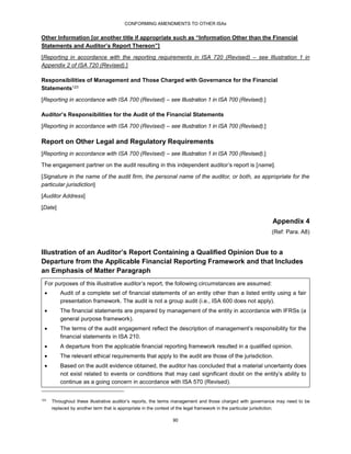 CONFORMING AMENDMENTS TO OTHER ISAs
90
Other Information [or another title if appropriate such as “Information Other than the Financial
Statements and Auditor’s Report Thereon”]
[Reporting in accordance with the reporting requirements in ISA 720 (Revised) – see Illustration 1 in
Appendix 2 of ISA 720 (Revised).]
Responsibilities of Management and Those Charged with Governance for the Financial
Statements123
[Reporting in accordance with ISA 700 (Revised) – see Illustration 1 in ISA 700 (Revised).]
Auditor’s Responsibilities for the Audit of the Financial Statements
[Reporting in accordance with ISA 700 (Revised) – see Illustration 1 in ISA 700 (Revised).]
Report on Other Legal and Regulatory Requirements
[Reporting in accordance with ISA 700 (Revised) – see Illustration 1 in ISA 700 (Revised).]
The engagement partner on the audit resulting in this independent auditor’s report is [name].
[Signature in the name of the audit firm, the personal name of the auditor, or both, as appropriate for the
particular jurisdiction]
[Auditor Address]
[Date]
Appendix 4
(Ref: Para. A8)
Illustration of an Auditor’s Report Containing a Qualified Opinion Due to a
Departure from the Applicable Financial Reporting Framework and that Includes
an Emphasis of Matter Paragraph
For purposes of this illustrative auditor’s report, the following circumstances are assumed:
 Audit of a complete set of financial statements of an entity other than a listed entity using a fair
presentation framework. The audit is not a group audit (i.e., ISA 600 does not apply).
 The financial statements are prepared by management of the entity in accordance with IFRSs (a
general purpose framework).
 The terms of the audit engagement reflect the description of management’s responsibility for the
financial statements in ISA 210.
 A departure from the applicable financial reporting framework resulted in a qualified opinion.
 The relevant ethical requirements that apply to the audit are those of the jurisdiction.
 Based on the audit evidence obtained, the auditor has concluded that a material uncertainty does
not exist related to events or conditions that may cast significant doubt on the entity’s ability to
continue as a going concern in accordance with ISA 570 (Revised).
123
Throughout these illustrative auditor’s reports, the terms management and those charged with governance may need to be
replaced by another term that is appropriate in the context of the legal framework in the particular jurisdiction.
 