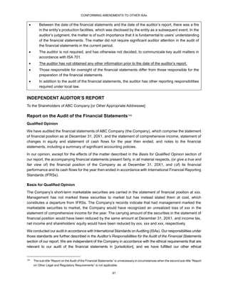 CONFORMING AMENDMENTS TO OTHER ISAs
91
 Between the date of the financial statements and the date of the auditor’s report, there was a fire
in the entity’s production facilities, which was disclosed by the entity as a subsequent event. In the
auditor’s judgment, the matter is of such importance that it is fundamental to users’ understanding
of the financial statements. The matter did not require significant auditor attention in the audit of
the financial statements in the current period.
 The auditor is not required, and has otherwise not decided, to communicate key audit matters in
accordance with ISA 701.
 The auditor has not obtained any other information prior to the date of the auditor’s report.
 Those responsible for oversight of the financial statements differ from those responsible for the
preparation of the financial statements.
 In addition to the audit of the financial statements, the auditor has other reporting responsibilities
required under local law.
INDEPENDENT AUDITOR’S REPORT
To the Shareholders of ABC Company [or Other Appropriate Addressee]
Report on the Audit of the Financial Statements124
Qualified Opinion
We have audited the financial statements of ABC Company (the Company), which comprise the statement
of financial position as at December 31, 20X1, and the statement of comprehensive income, statement of
changes in equity and statement of cash flows for the year then ended, and notes to the financial
statements, including a summary of significant accounting policies.
In our opinion, except for the effects of the matter described in the Basis for Qualified Opinion section of
our report, the accompanying financial statements present fairly, in all material respects, (or give a true and
fair view of) the financial position of the Company as at December 31, 20X1, and (of) its financial
performance and its cash flows for the year then ended in accordance with International Financial Reporting
Standards (IFRSs).
Basis for Qualified Opinion
The Company’s short-term marketable securities are carried in the statement of financial position at xxx.
Management has not marked these securities to market but has instead stated them at cost, which
constitutes a departure from IFRSs. The Company’s records indicate that had management marked the
marketable securities to market, the Company would have recognized an unrealized loss of xxx in the
statement of comprehensive income for the year. The carrying amount of the securities in the statement of
financial position would have been reduced by the same amount at December 31, 20X1, and income tax,
net income and shareholders’ equity would have been reduced by xxx, xxx and xxx, respectively.
We conducted our audit in accordance with International Standards onAuditing (ISAs). Our responsibilities under
those standards are further described in the Auditor’s Responsibilities for the Audit of the Financial Statements
section of our report. We are independent of the Company in accordance with the ethical requirements that are
relevant to our audit of the financial statements in [jurisdiction], and we have fulfilled our other ethical
124
The sub-title “Report on the Audit of the Financial Statements” is unnecessary in circumstances when the second sub-title “Report
on Other Legal and Regulatory Requirements” is not applicable.
 