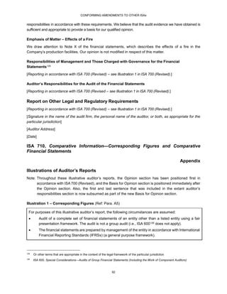 CONFORMING AMENDMENTS TO OTHER ISAs
92
responsibilities in accordance with these requirements. We believe that the audit evidence we have obtained is
sufficient and appropriate to provide a basis for our qualified opinion.
Emphasis of Matter – Effects of a Fire
We draw attention to Note X of the financial statements, which describes the effects of a fire in the
Company’s production facilities. Our opinion is not modified in respect of this matter.
Responsibilities of Management and Those Charged with Governance for the Financial
Statements125
[Reporting in accordance with ISA 700 (Revised) – see Illustration 1 in ISA 700 (Revised).]
Auditor’s Responsibilities for the Audit of the Financial Statements
[Reporting in accordance with ISA 700 (Revised – see Illustration 1 in ISA 700 (Revised).]
Report on Other Legal and Regulatory Requirements
[Reporting in accordance with ISA 700 (Revised) – see Illustration 1 in ISA 700 (Revised).]
[Signature in the name of the audit firm, the personal name of the auditor, or both, as appropriate for the
particular jurisdiction]
[Auditor Address]
[Date]
ISA 710, Comparative Information—Corresponding Figures and Comparative
Financial Statements
Appendix
Illustrations of Auditor’s Reports
Note: Throughout these illustrative auditor’s reports, the Opinion section has been positioned first in
accordance with ISA 700 (Revised), and the Basis for Opinion section is positioned immediately after
the Opinion section. Also, the first and last sentence that was included in the extant auditor’s
responsibilities section is now subsumed as part of the new Basis for Opinion section.
Illustration 1 – Corresponding Figures (Ref: Para. A5)
For purposes of this illustrative auditor’s report, the following circumstances are assumed:
 Audit of a complete set of financial statements of an entity other than a listed entity using a fair
presentation framework. The audit is not a group audit (i.e., ISA 600126 does not apply).
 The financial statements are prepared by management of the entity in accordance with International
Financial Reporting Standards (IFRSs) (a general purpose framework).
125
Or other terms that are appropriate in the context of the legal framework of the particular jurisdiction
126
ISA 600, Special Considerations—Audits of Group Financial Statements (Including the Work of Component Auditors)
 