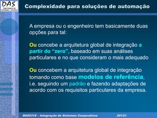 DAS5316 – Integração de Sistemas Corporativos 2013©
Complexidade para soluções de automação
A empresa ou o engenheiro tem basicamente duas
opções para tal:
Ou concebe a arquitetura global de integração a
partir do “zero”, baseado em suas análises
particulares e no que consideram o mais adequado
Ou concebem a arquitetura global de integração
tomando como base modelos de referência,
i.e. seguindo um padrão e fazendo adaptações de
acordo com os requisitos particulares da empresa.
 