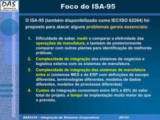DAS5316 – Integração de Sistemas Corporativos 2013©
Foco do ISA-95
O ISA-95 (também disponibilizado como IEC/ISO 62264) foi
proposto para atacar alguns problemas gerais essenciais:
1. Dificuldade de saber, medir e comparar a efetividade das
operações de manufatura, e também de posteriormente
comparar com outras plantas para identificação de melhores
práticas;
2. Complexidade de integração dos sistemas de negócios e
logística externa com os sistemas de manufatura.
3. Complexidade de integração dos sistemas de manufatura
entre si (sistemas MES e de ERP com definições de escopo
diferentes, terminologias diferentes, modelos de dados
diferentes, modelos de processos diferentes)
4. Custos de integração consomem entre 50% e 80% do valor
total do projeto, e tempo de implantação muito maior do que
o previsto.
 