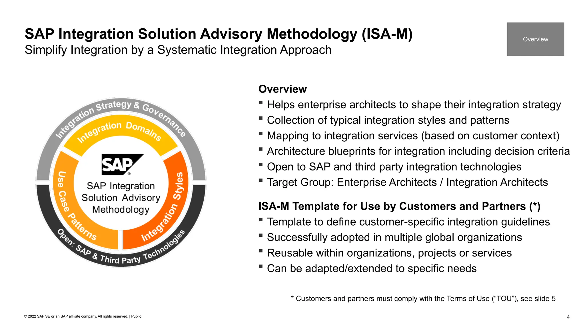 4
© 2022 SAP SE or an SAP affiliate company. All rights reserved. | Public
* Customers and partners must comply with the Terms of Use (“TOU”), see slide 5
Overview
 Helps enterprise architects to shape their integration strategy
 Collection of typical integration styles and patterns
 Mapping to integration services (based on customer context)
 Architecture blueprints for integration including decision criteria
 Open to SAP and third party integration technologies
 Target Group: Enterprise Architects / Integration Architects
ISA-M Template for Use by Customers and Partners (*)
 Template to define customer-specific integration guidelines
 Successfully adopted in multiple global organizations
 Reusable within organizations, projects or services
 Can be adapted/extended to specific needs
SAP Integration Solution Advisory Methodology (ISA-M)
Simplify Integration by a Systematic Integration Approach
Overview
 