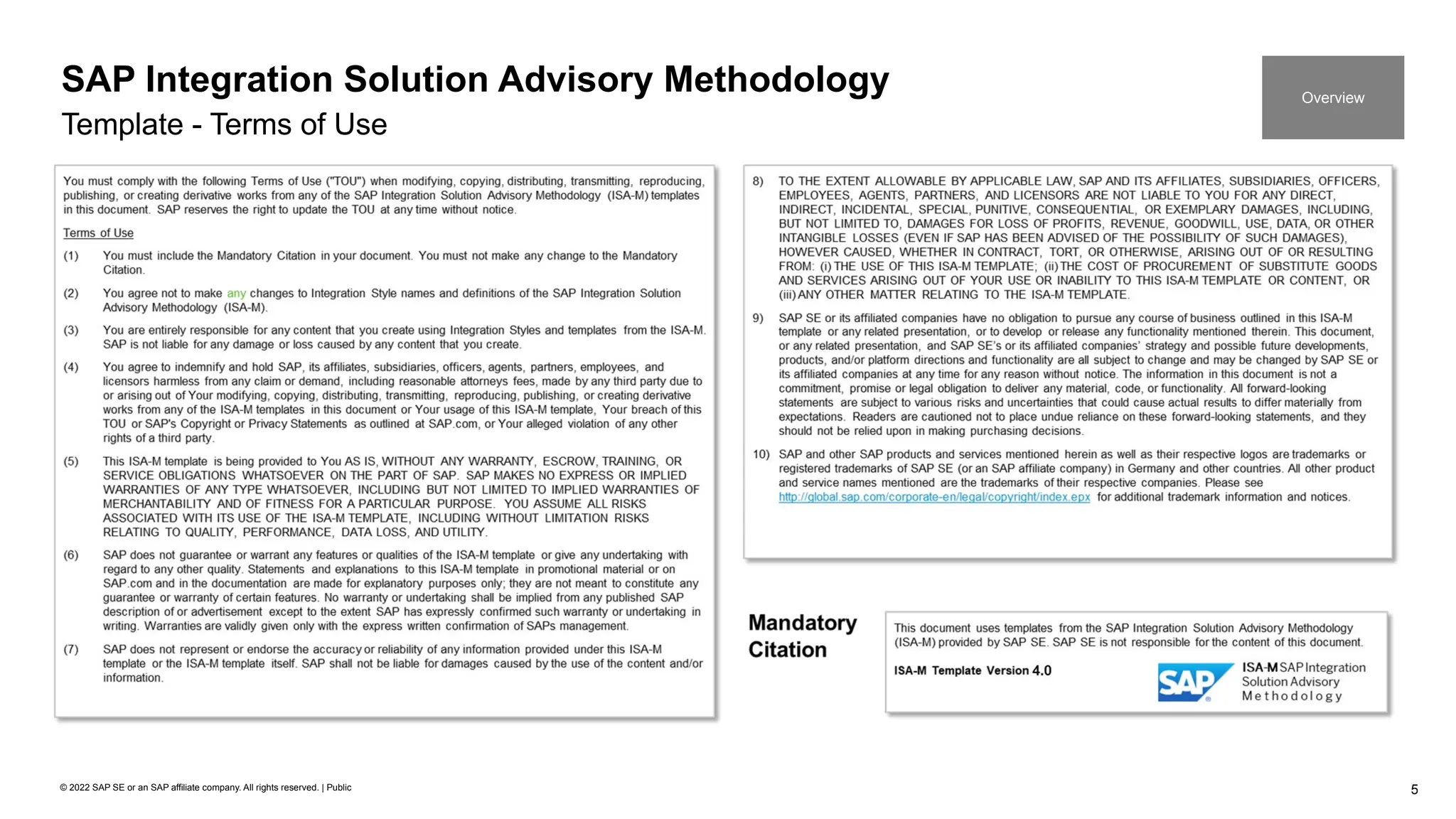 5
© 2022 SAP SE or an SAP affiliate company. All rights reserved. | Public
SAP Integration Solution Advisory Methodology
Template - Terms of Use
Overview
 