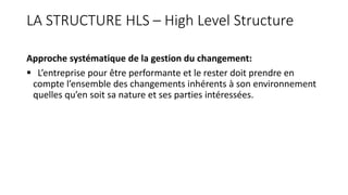 LA STRUCTURE HLS – High Level Structure
Approche systématique de la gestion du changement:
 L’entreprise pour être performante et le rester doit prendre en
compte l’ensemble des changements inhérents à son environnement
quelles qu’en soit sa nature et ses parties intéressées.
 