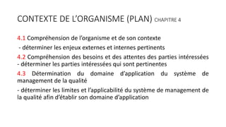 CONTEXTE DE L’ORGANISME (PLAN) CHAPITRE 4
4.1 Compréhension de l’organisme et de son contexte
- déterminer les enjeux externes et internes pertinents
4.2 Compréhension des besoins et des attentes des parties intéressées
- déterminer les parties intéressées qui sont pertinentes
4.3 Détermination du domaine d’application du système de
management de la qualité
- déterminer les limites et l’applicabilité du système de management de
la qualité afin d’établir son domaine d’application
 