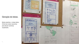 Geração de ideias.
Muitos sketches = muitas ideias.
O time faz muitos rascunhos
para discutir caminhos
visualmente.
45
 