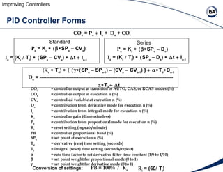 PID Controller Forms PB = 100%     K c   CO n  = P n    I n  +   D n  +  CO i   CO i   = controller output at transiti...