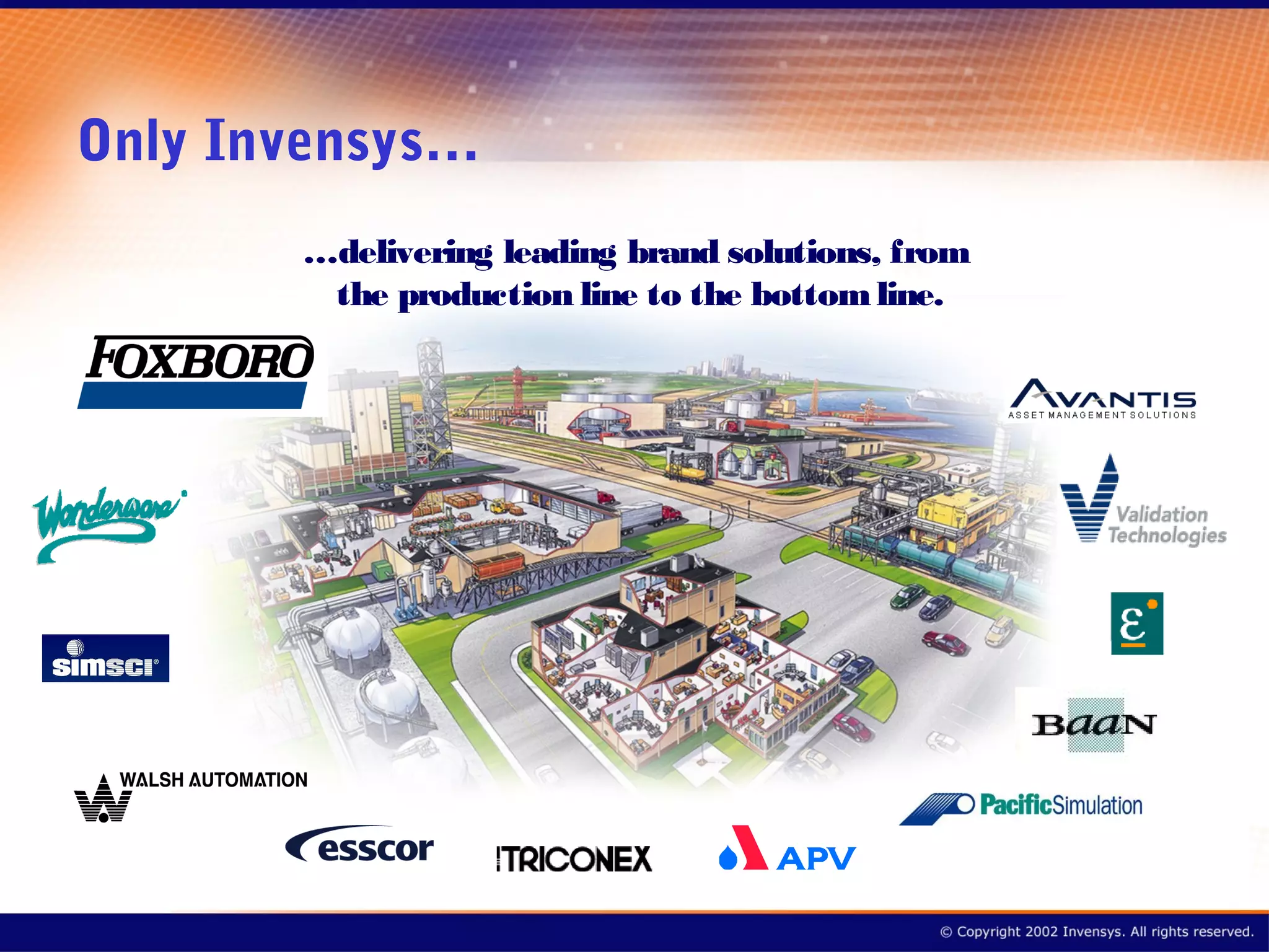 Only Invensys…
       …delivering leading brand solutions, from
        the production line to the bottom line.
 