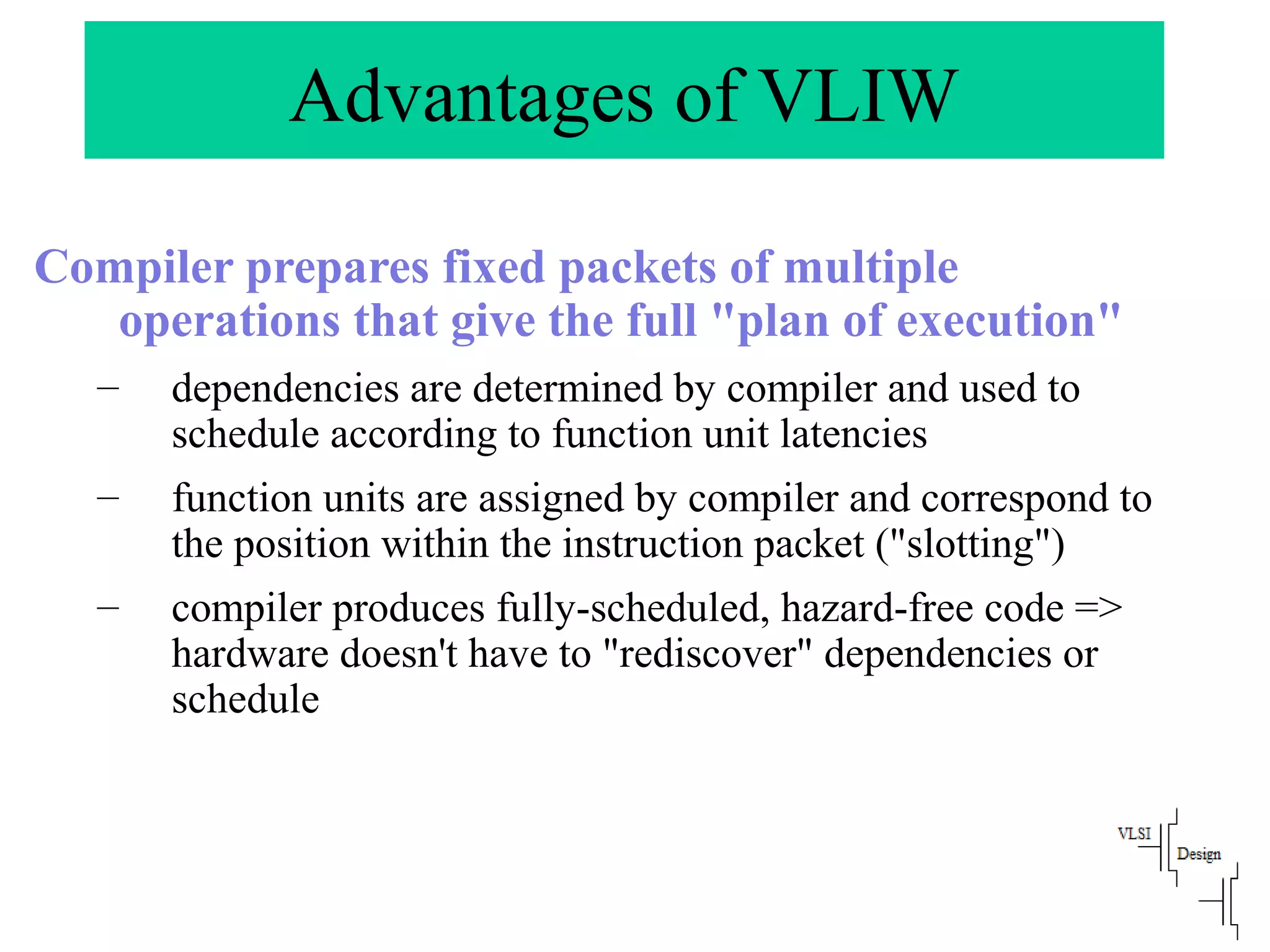 Advantages of VLIW
Compiler prepares fixed packets of multiple
operations that give the full "plan of execution"
– dependencies are determined by compiler and used to
schedule according to function unit latencies
– function units are assigned by compiler and correspond to
the position within the instruction packet ("slotting")
– compiler produces fully-scheduled, hazard-free code =>
hardware doesn't have to "rediscover" dependencies or
schedule
 