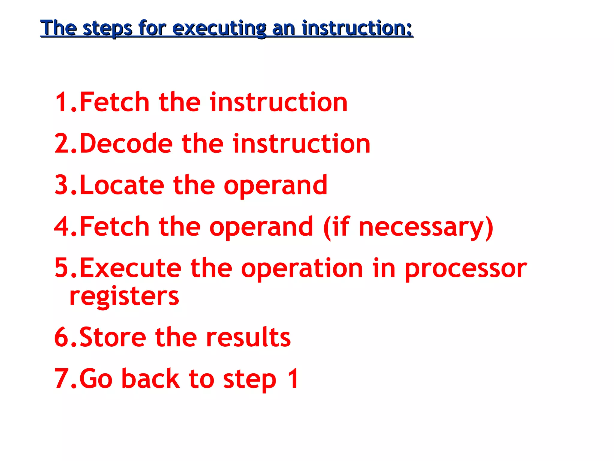 3-34ECE 361
The steps for executing an instruction:The steps for executing an instruction:
1.Fetch the instruction
2.Decode the instruction
3.Locate the operand
4.Fetch the operand (if necessary)
5.Execute the operation in processor
registers
6.Store the results
7.Go back to step 1
 