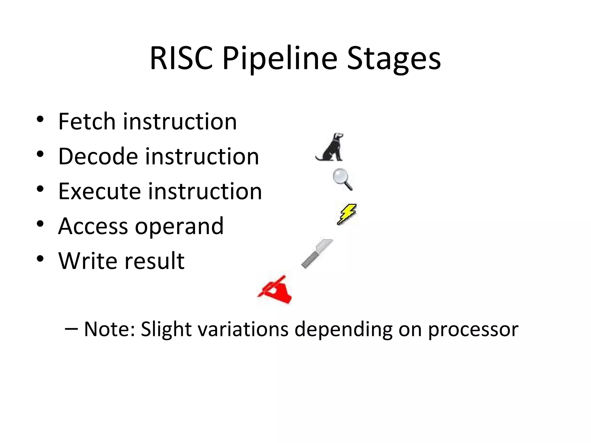 RISC Pipeline Stages
• Fetch instruction
• Decode instruction
• Execute instruction
• Access operand
• Write result
– Note: Slight variations depending on processor
 