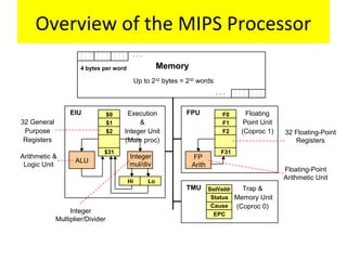 Overview of the MIPS Processor
Memory
Up to 232
bytes = 230
words
4 bytes per word
$0
$1
$2
$31
Hi Lo
ALU
F0
F1
F2
F31
FP
Arith
EPC
Cause
BadVaddr
Status
EIU FPU
TMU
Execution
&
Integer Unit
(Main proc)
Floating
Point Unit
(Coproc 1)
Trap &
Memory Unit
(Coproc 0)
. . .
. . .
Integer
mul/div
Arithmetic &
Logic Unit
32 General
Purpose
Registers
Integer
Multiplier/Divider
32 Floating-Point
Registers
Floating-Point
Arithmetic Unit
 