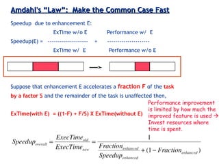 3-31ECE 361
Amdahl's “Law”: Make the Common Case FastAmdahl's “Law”: Make the Common Case Fast
Speedup due to enhancement E:
ExTime w/o E Performance w/ E
Speedup(E) = -------------------- = ---------------------
ExTime w/ E Performance w/o E
Suppose that enhancement E accelerates a fraction F of the task
by a factor S and the remainder of the task is unaffected then,
ExTime(with E) = ((1-F) + F/S) X ExTime(without E)
Speedup(with E) = ExTime(without E) ÷
((1-F) + F/S) X ExTime(without E)
Performance improvement
is limited by how much the
improved feature is used 
Invest resources where
time is spent.
 