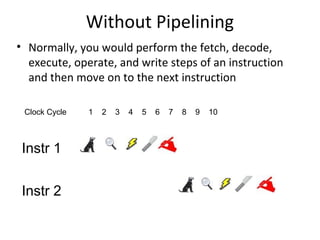 Without Pipelining
Instr 1
Instr 2
Clock Cycle 1 2 3 4 5 6 7 8 9 10
• Normally, you would perform the fetch, decode,
execute, operate, and write steps of an instruction
and then move on to the next instruction
 