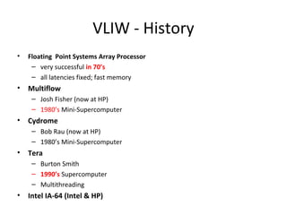 VLIW - History
• Floating Point Systems Array Processor
– very successful in 70’s
– all latencies fixed; fast memory
• Multiflow
– Josh Fisher (now at HP)
– 1980’s Mini-Supercomputer
• Cydrome
– Bob Rau (now at HP)
– 1980’s Mini-Supercomputer
• Tera
– Burton Smith
– 1990’s Supercomputer
– Multithreading
• Intel IA-64 (Intel & HP)
 