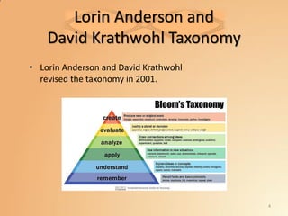 Lorin Anderson and
David Krathwohl Taxonomy
• Lorin Anderson and David Krathwohl
revised the taxonomy in 2001.
4
 