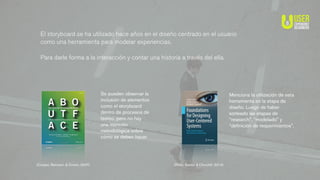 Se pueden observar la
inclusión de elementos
como el storyboard
dentro de procesos de
testeo, pero no hay
una mención
metodológica sobre
cómo se deben hacer.
El storyboard se ha utilizado hace años en el diseño centrado en el usuario
como una herramienta para modelar experiencias.
Para darle forma a la interacción y contar una historia a través del ella.
(Cooper, Reimann, & Cronin, 2007) (Ritter, Baxter, & Churchill, 2014).
Menciona la utilización de esta
herramienta en la etapa de
diseño. Luego de haber
sorteado las etapas de
“research”, “modelado” y
“deﬁnición de requerimientos”.
 